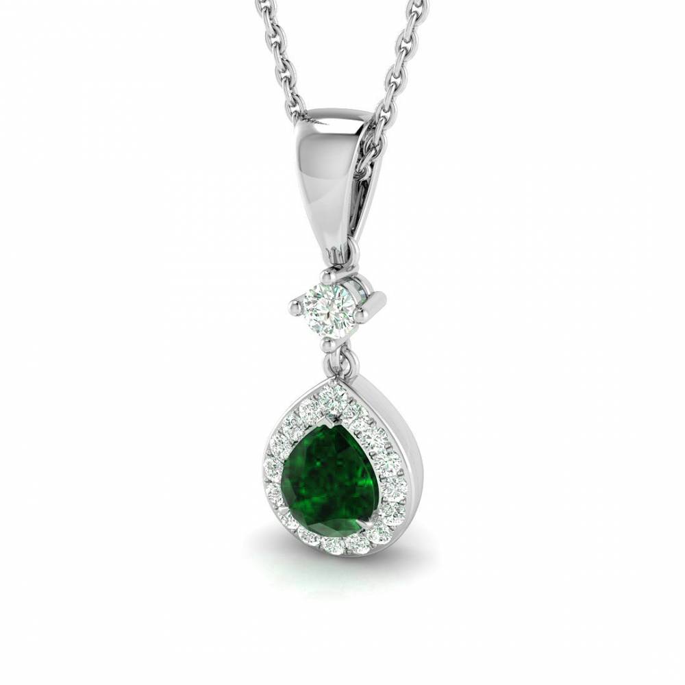 0.45ct EF/VS Pear Emerald Gemstone and Round Diamond Halo Pendant P