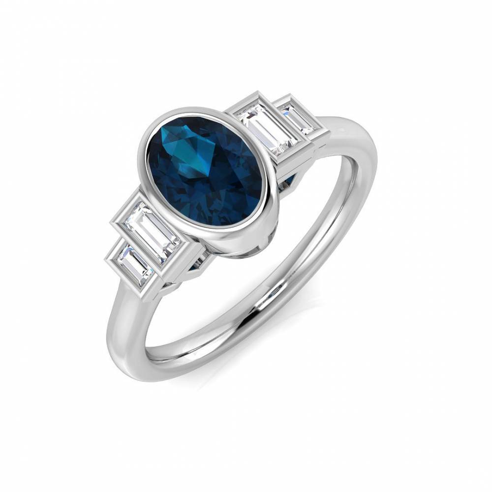 Blue Topaz Oval and Baguette Diamond Side Stone Ring W