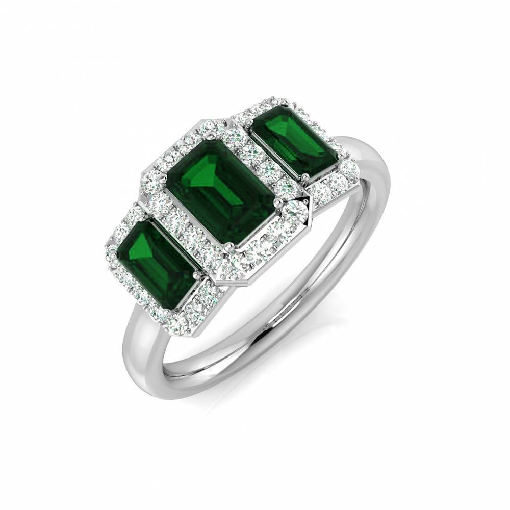 Emerald Green Gemstone and Round Diamond Trilogy Ring W
