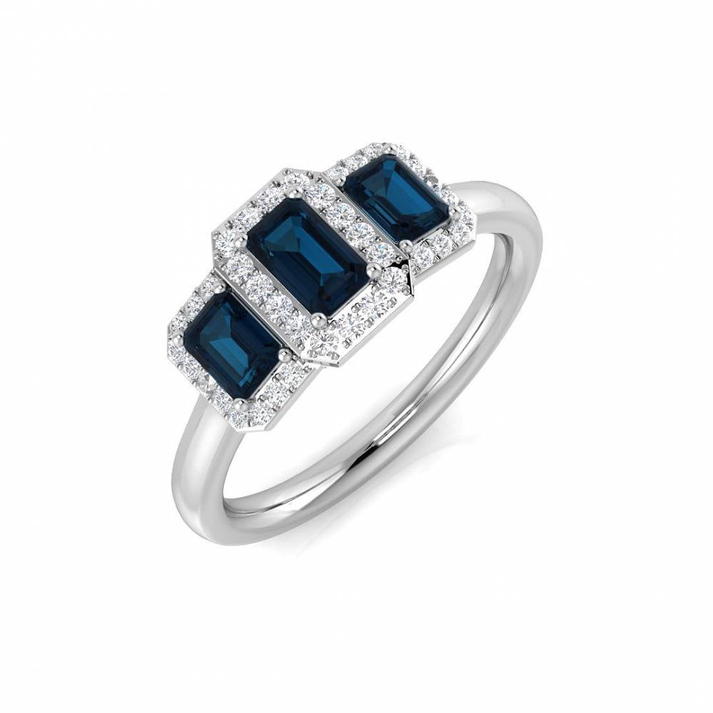 Blue Topaz Emerald shape Gemstone and Round Diamond Trilogy Ring set in White Gold