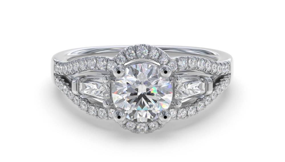 1.10ct Modern Round Diamond Trilogy Halo Ring set in White Gold