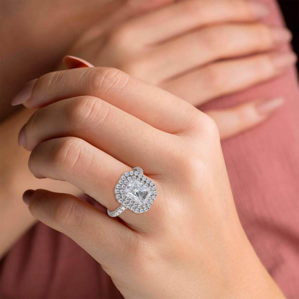 Radiant Diamond Double Halo Shoulder Set Ring set in Platinum