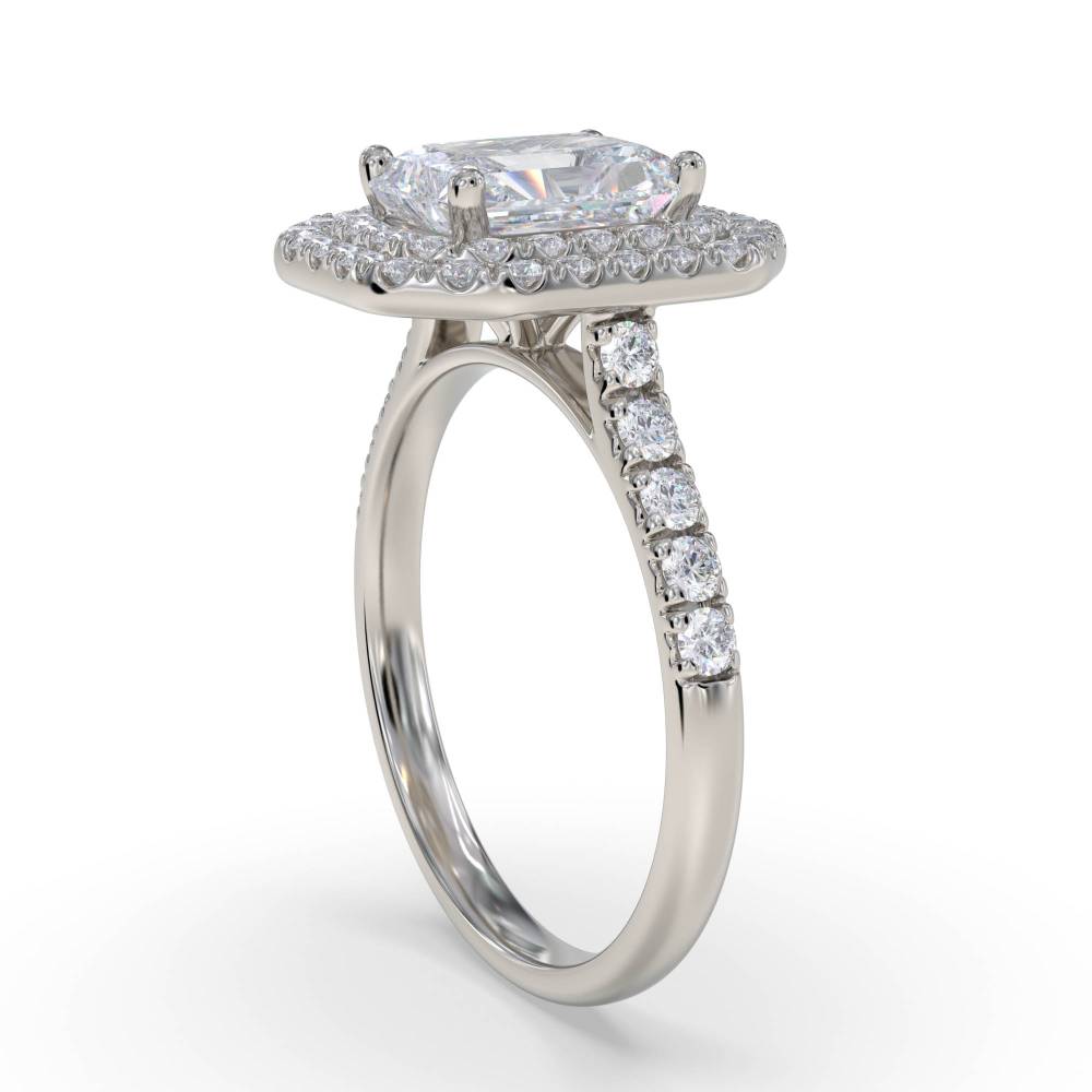 Radiant Diamond Double Halo Shoulder Set Ring set in Platinum