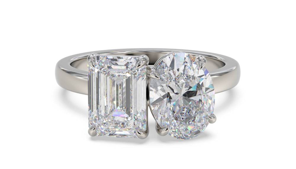 Emerald & Oval Two Stone Diamond Ring P