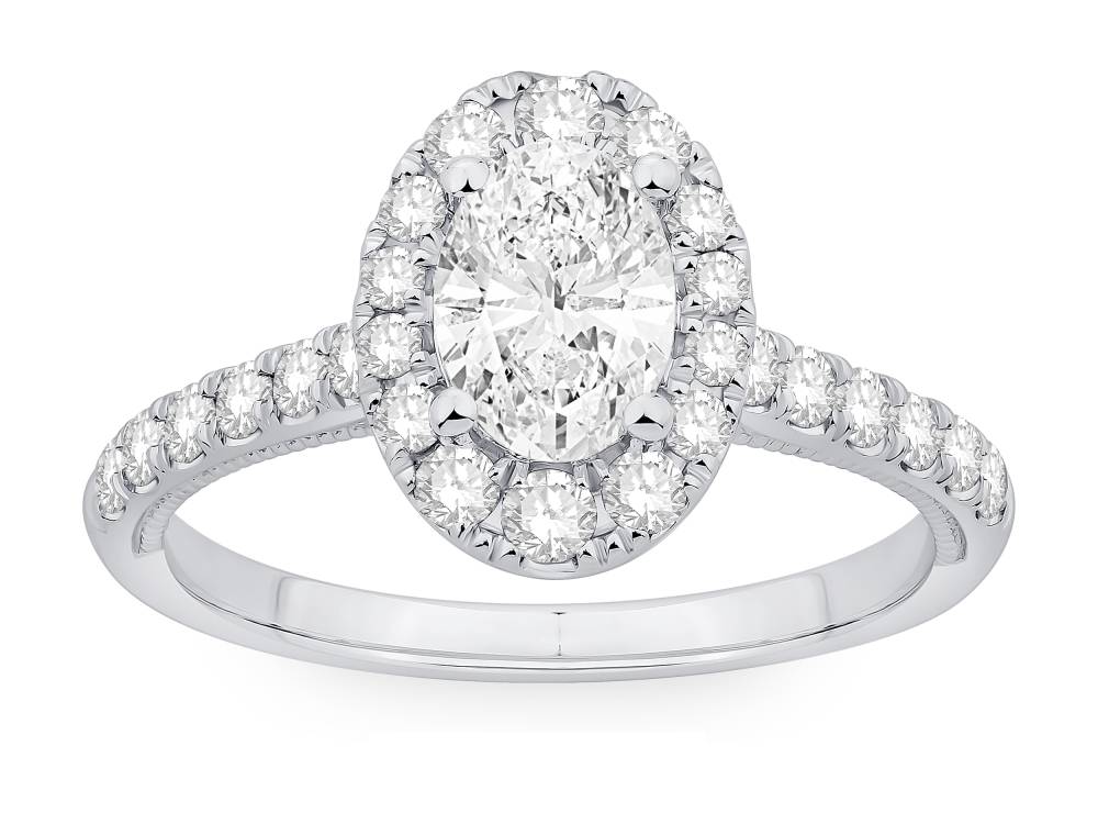 1.25Ct Oval Diamond Halo Shoulder Set Milgrain Side Detail Ring W