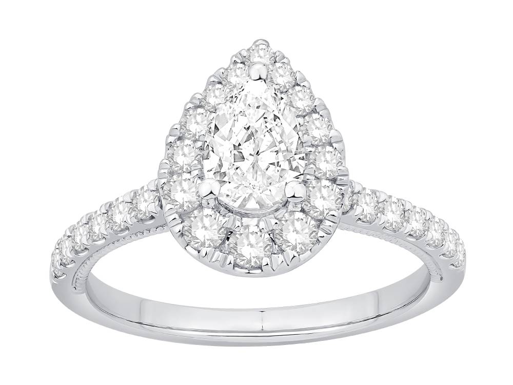 1.25Ct Pear Diamond Halo Round Milgrain Side Detail Shoulder Set Ring W