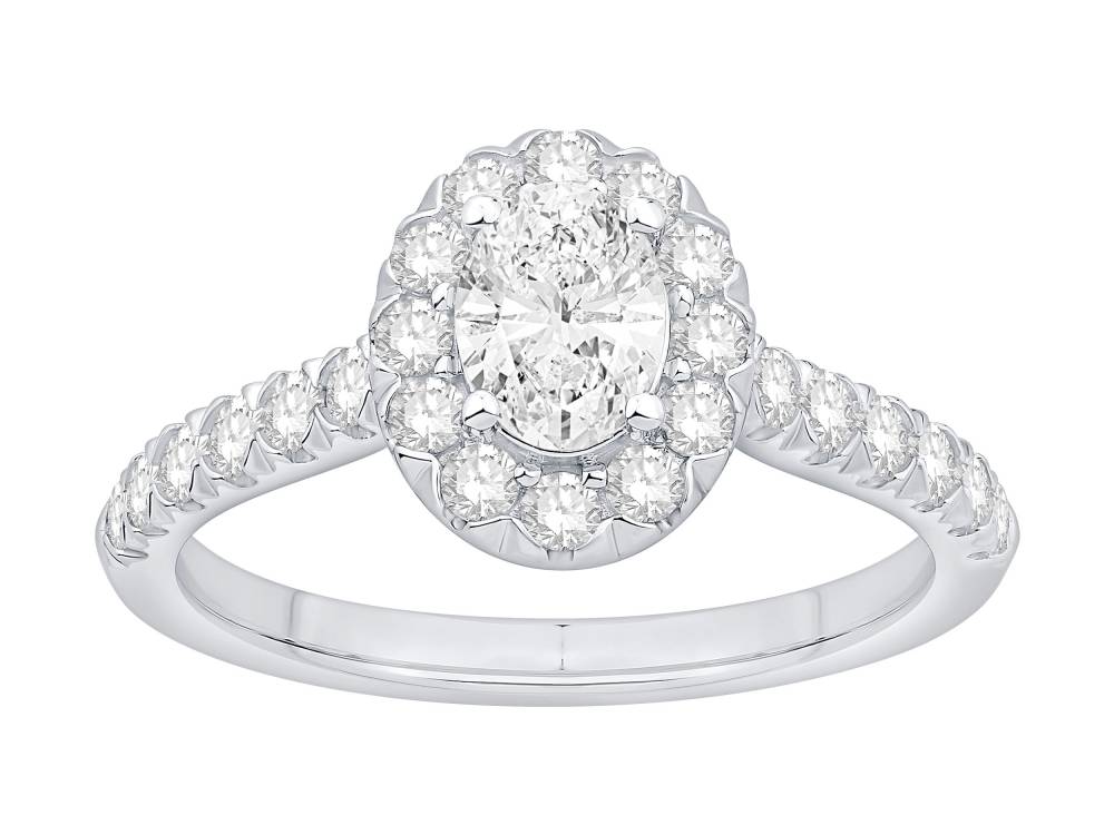 1.00Ct Oval Diamond Halo Scallop Edge Shoulder Set Ring W