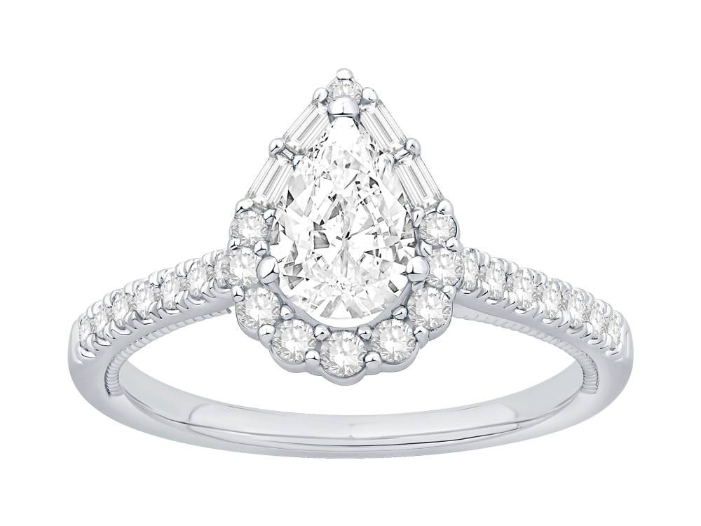 1.00Ct Pear Halo Baguette And Round With Baguette Sides And Round Shoulder Set Ring W