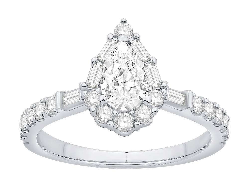 1.00Ct Pear Diamond Halo Baguette And Round With Baguette Sides And Round Shoulder Set Ring P