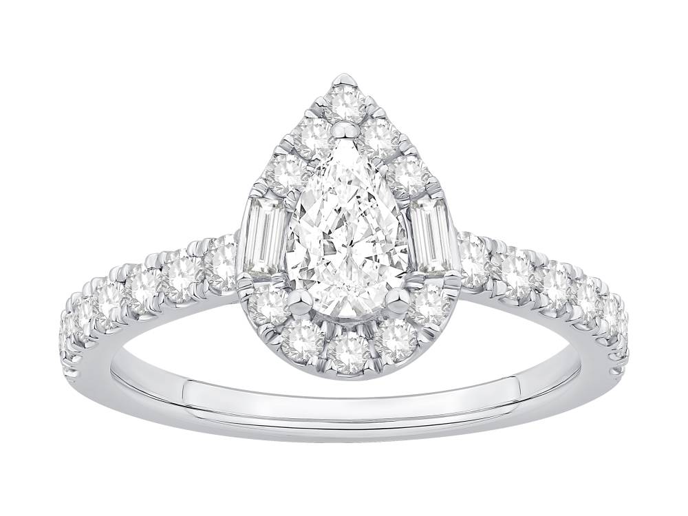 1.00Ct Pear Diamond Halo Round And Baguette Shoulder Set Ring W