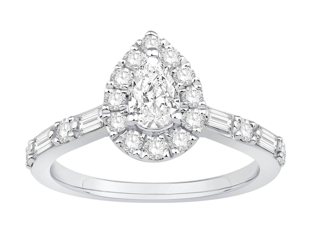 0.75Ct Pear Diamond Halo Baguette And Round Shoulder Set Ring P
