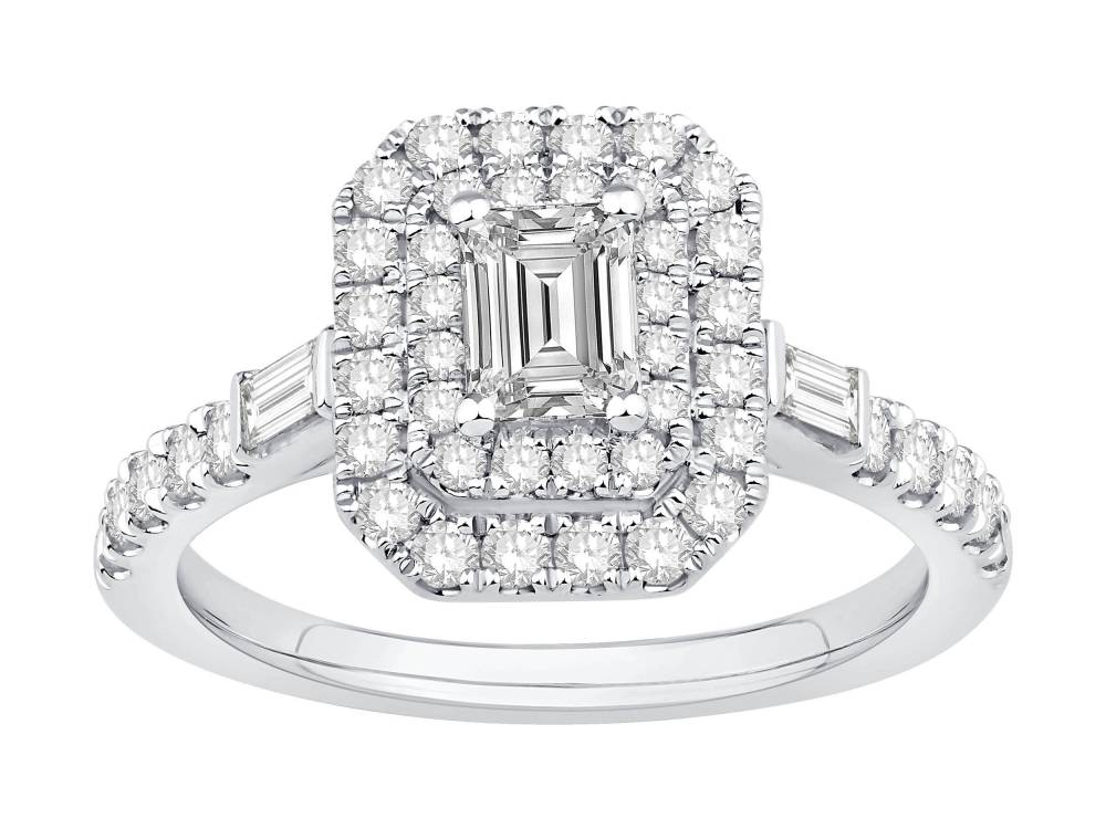 1.00ct Emerald Diamond Double Halo Baguette Side Round Shoulder Set Ring set in White Gold