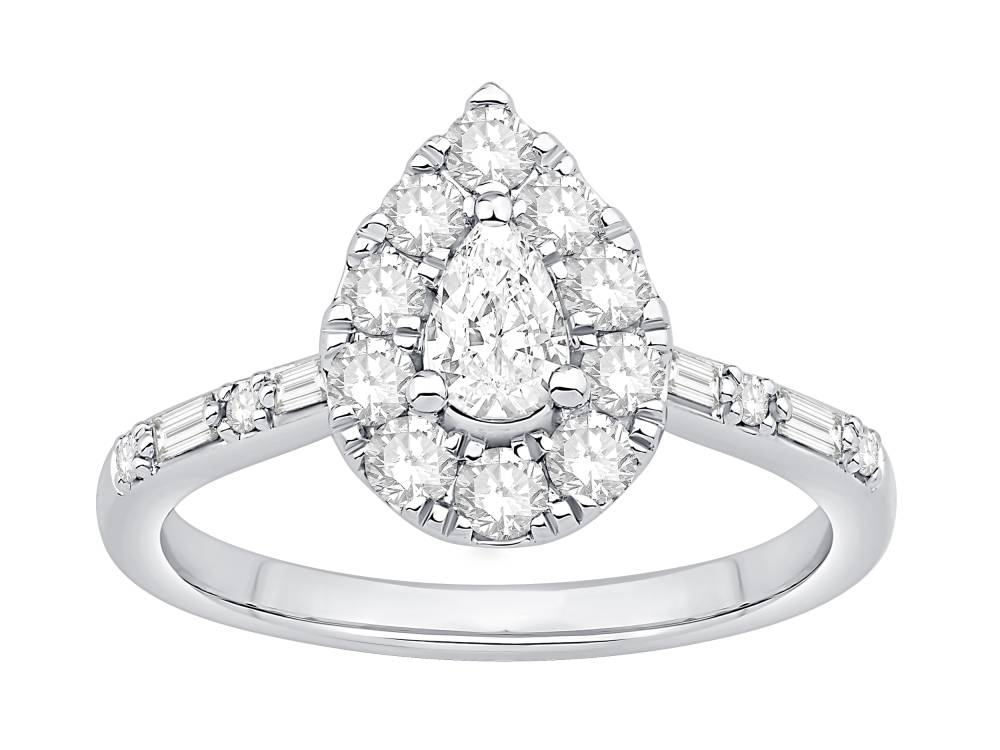 0.75Ct Pear Diamond Halo Baguette And Round Shoulder Set Ring W