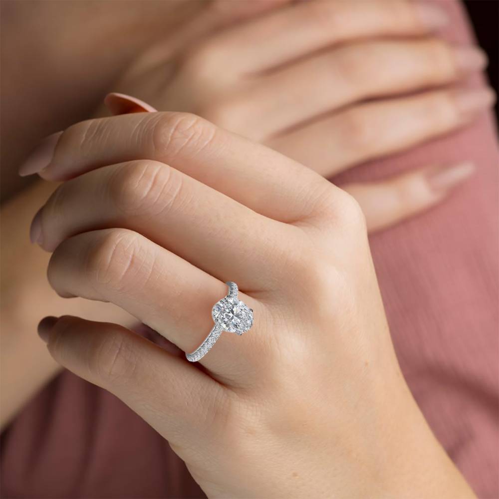 Oval Diamond High Set Hidden Halo Shoulder Set Ring W