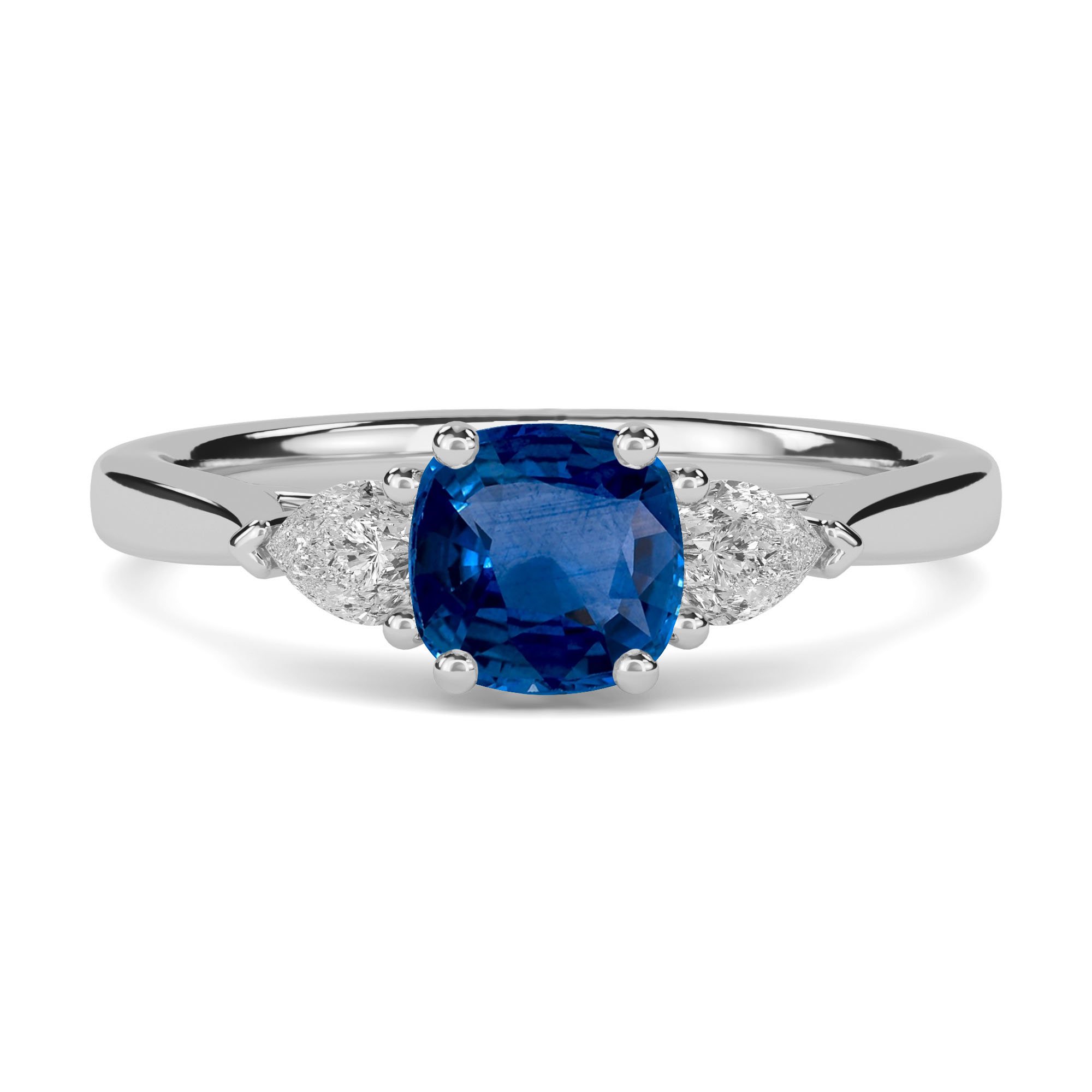 Blue Sapphire Cushion & Pear Diamond Trilogy Ring - Diamond Heaven